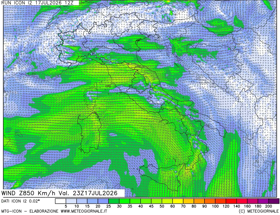 mappa 850 hPa Vento forza e direzione