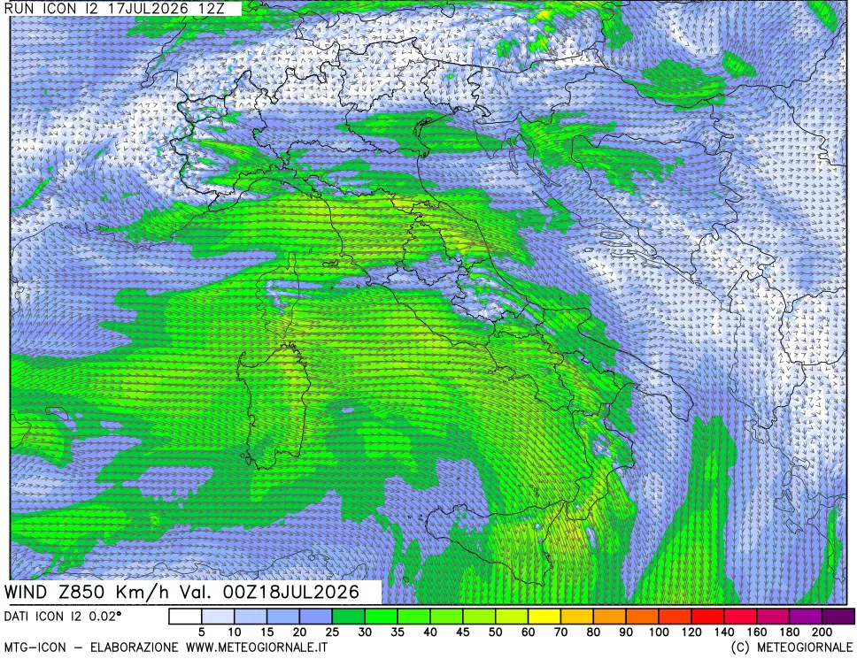 mappa 850 hPa Vento forza e direzione