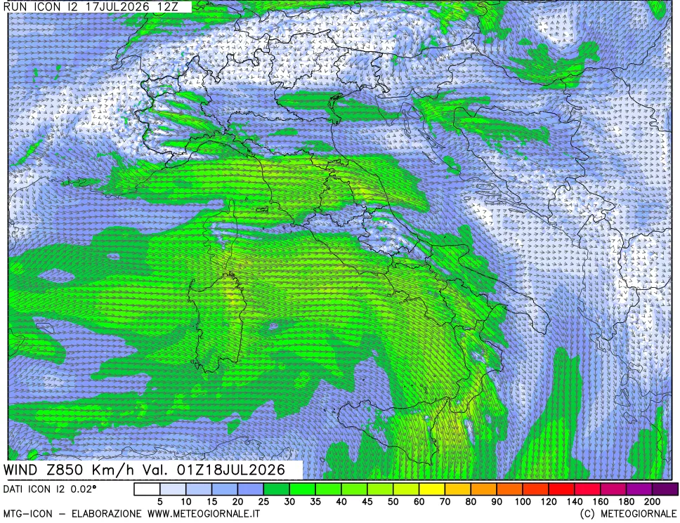 mappa 850 hPa Vento forza e direzione