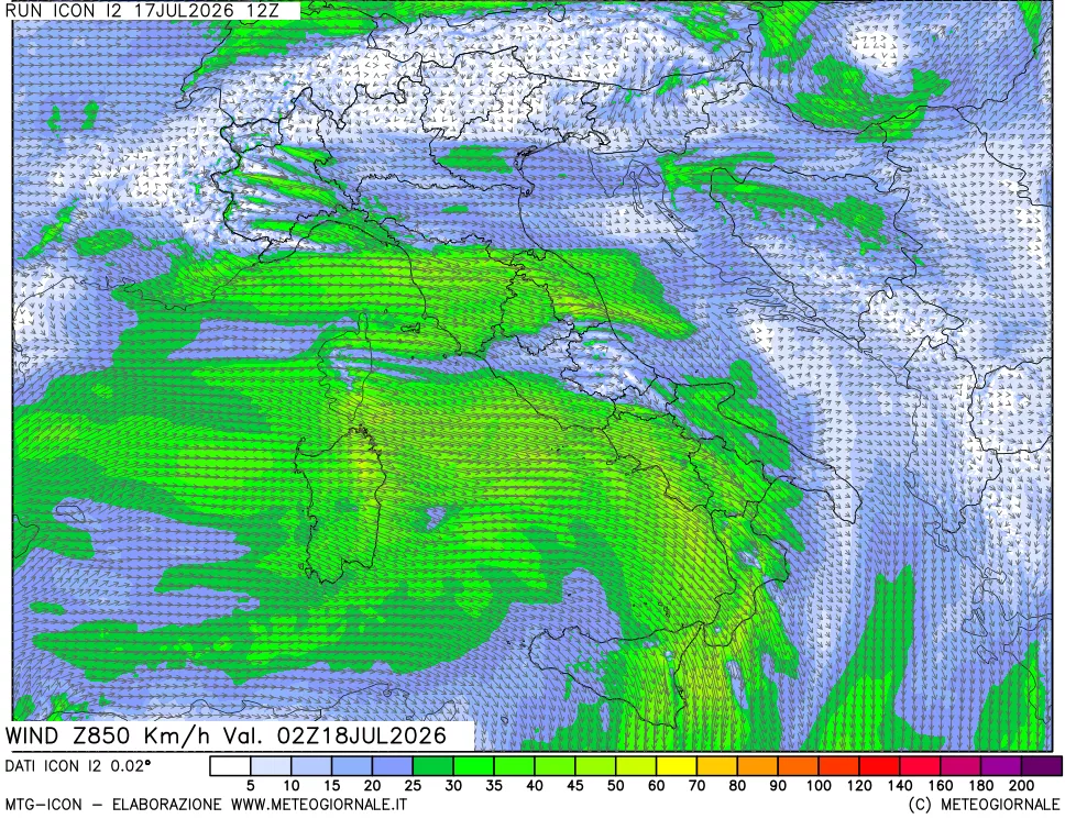 mappa 850 hPa Vento forza e direzione