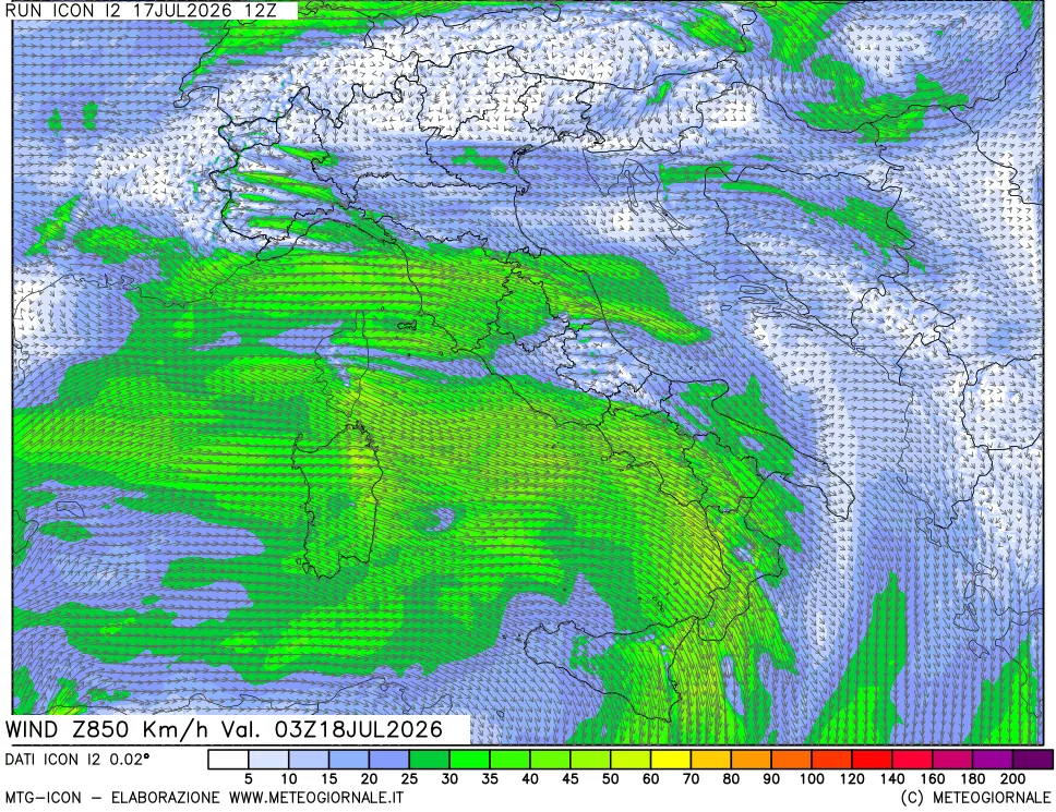 mappa 850 hPa Vento forza e direzione