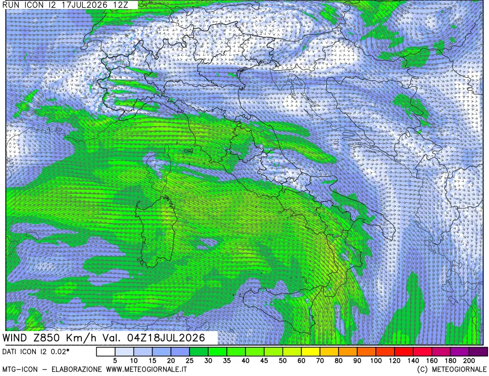 mappa 850 hPa Vento forza e direzione
