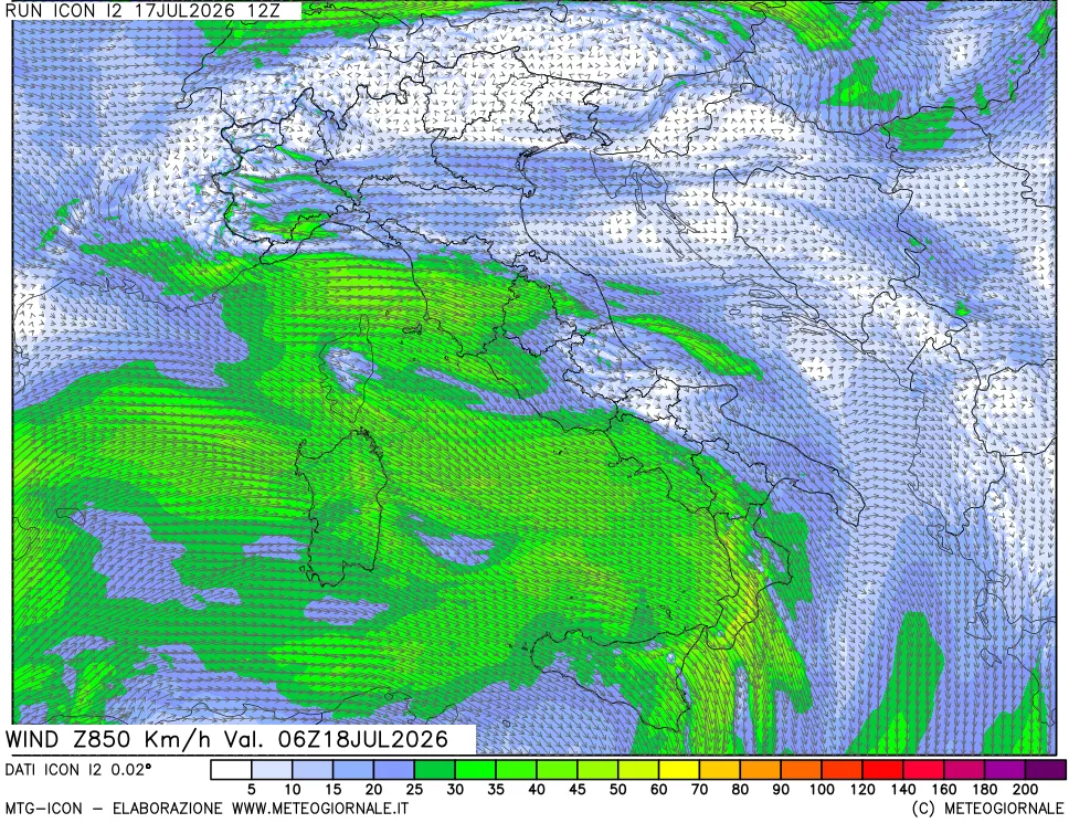 mappa 850 hPa Vento forza e direzione