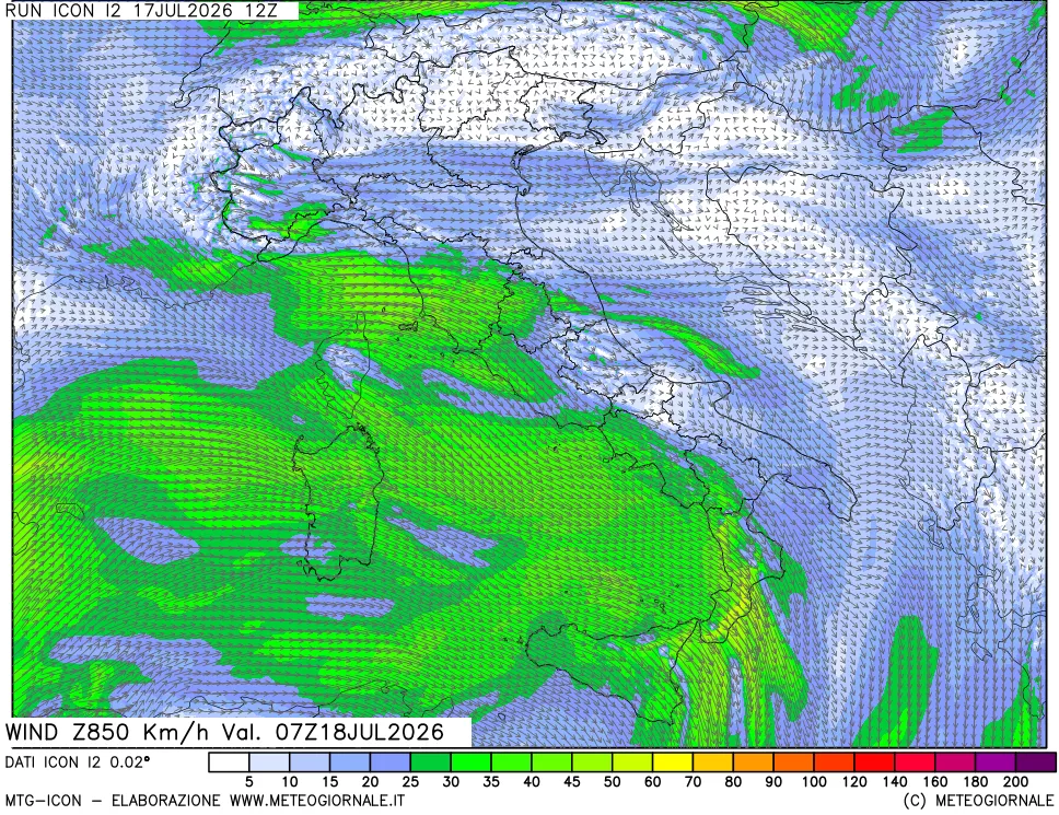 mappa 850 hPa Vento forza e direzione