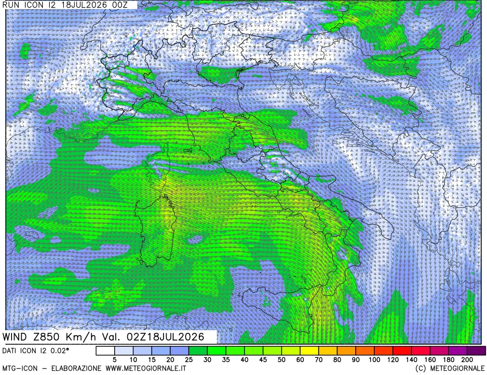 mappa 850 hPa Vento forza e direzione
