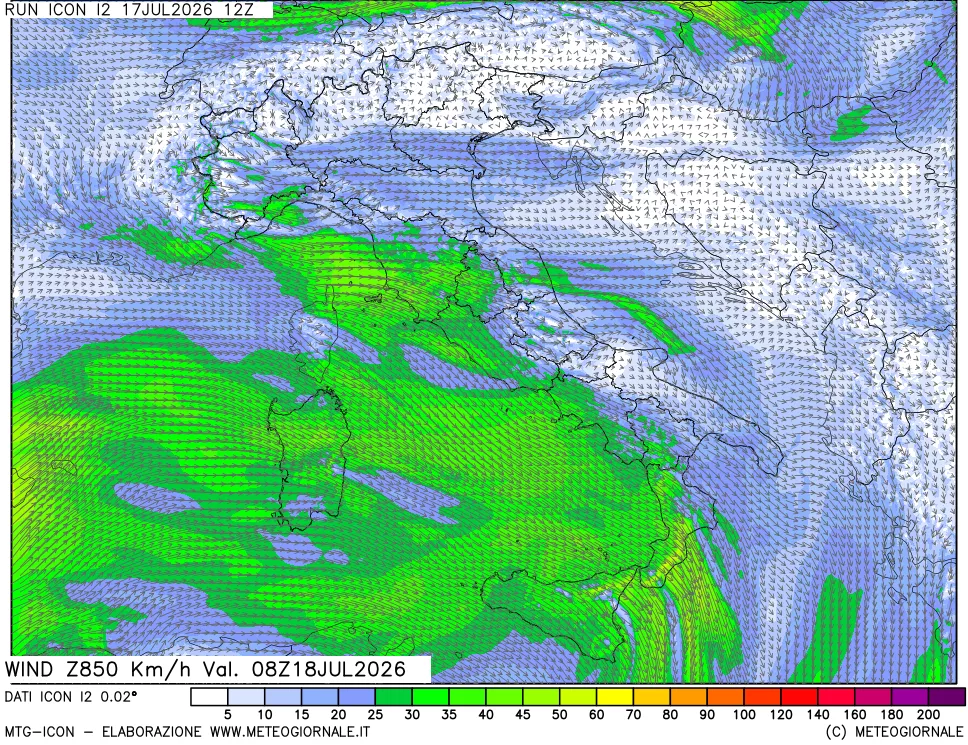 mappa 850 hPa Vento forza e direzione