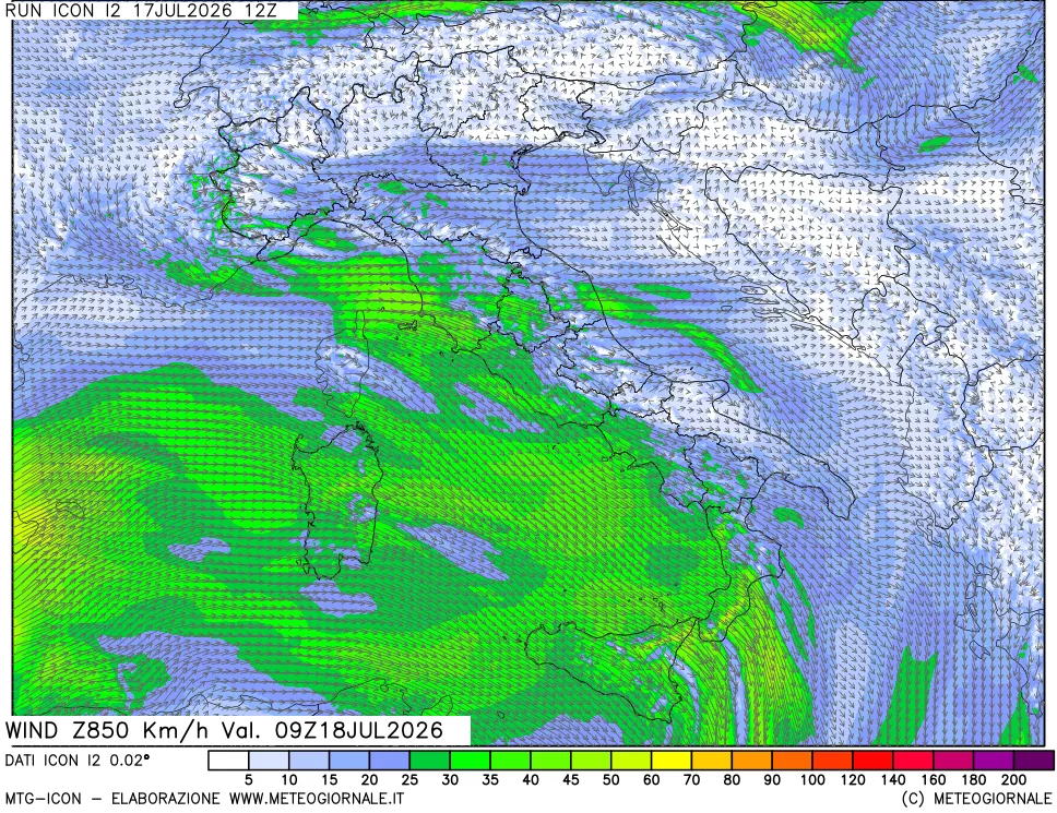 mappa 850 hPa Vento forza e direzione