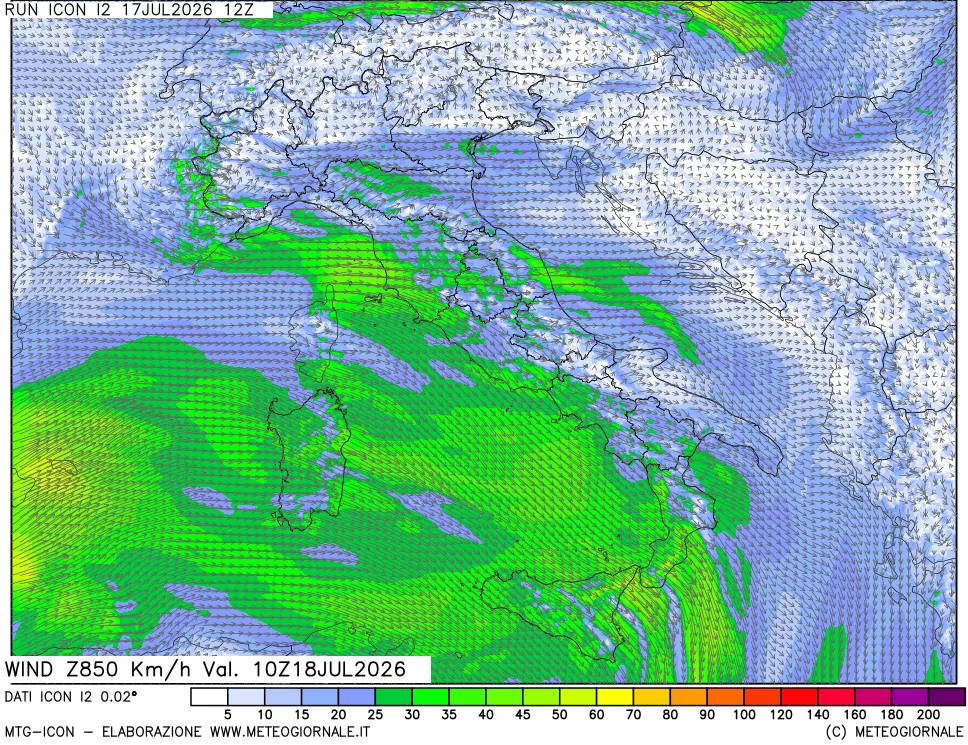 mappa 850 hPa Vento forza e direzione