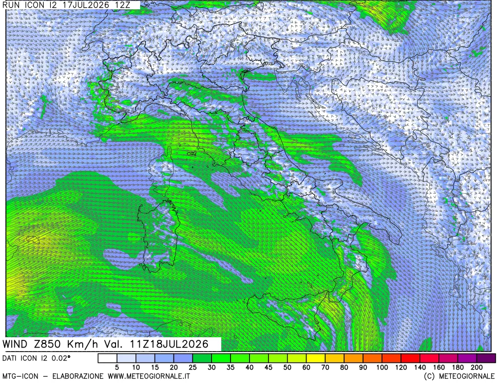 mappa 850 hPa Vento forza e direzione