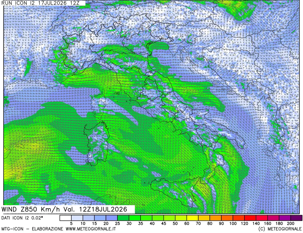 mappa 850 hPa Vento forza e direzione