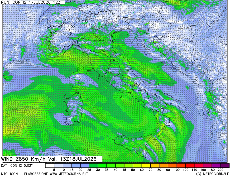 mappa 850 hPa Vento forza e direzione