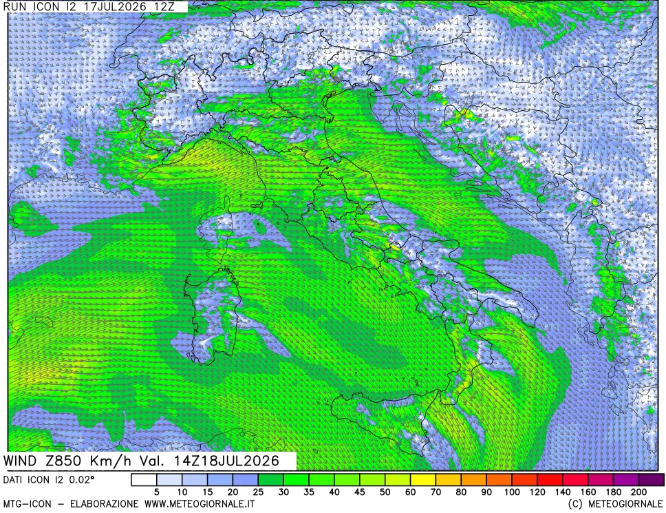 mappa 850 hPa Vento forza e direzione
