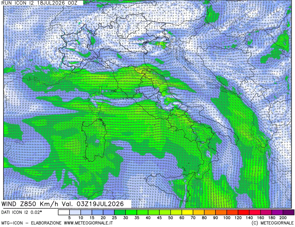 mappa 850 hPa Vento forza e direzione