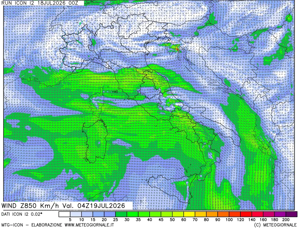 mappa 850 hPa Vento forza e direzione