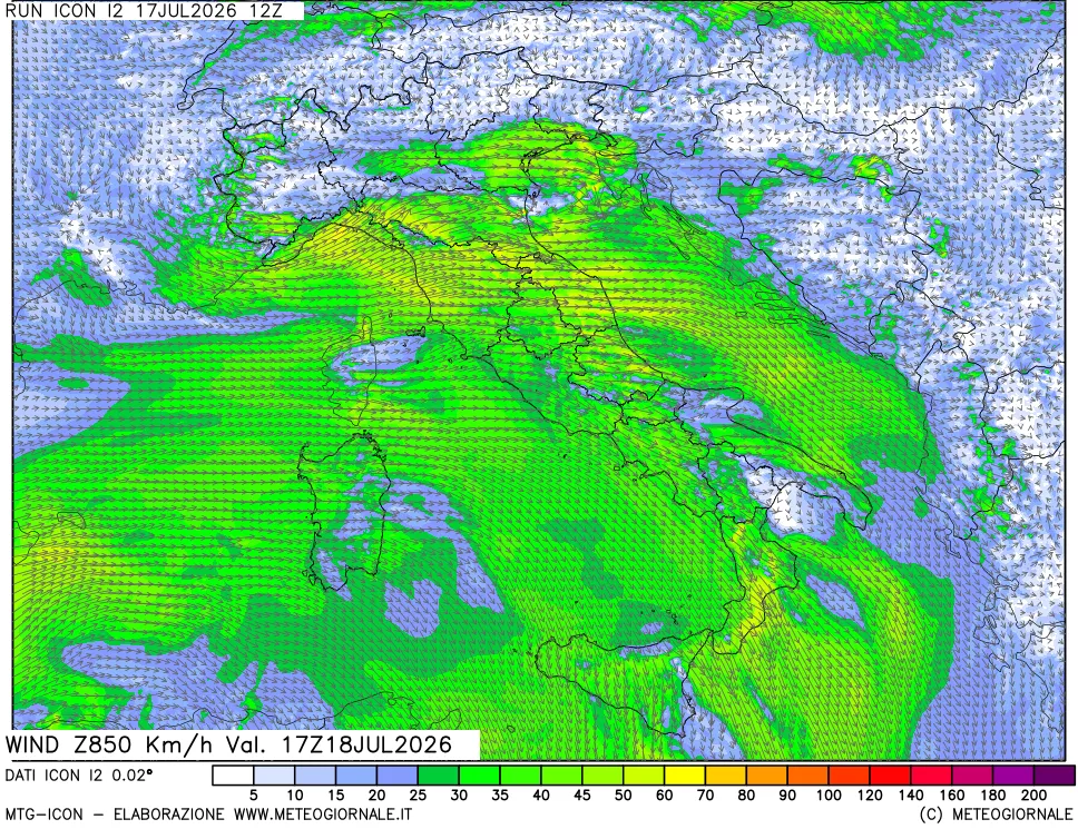 mappa 850 hPa Vento forza e direzione