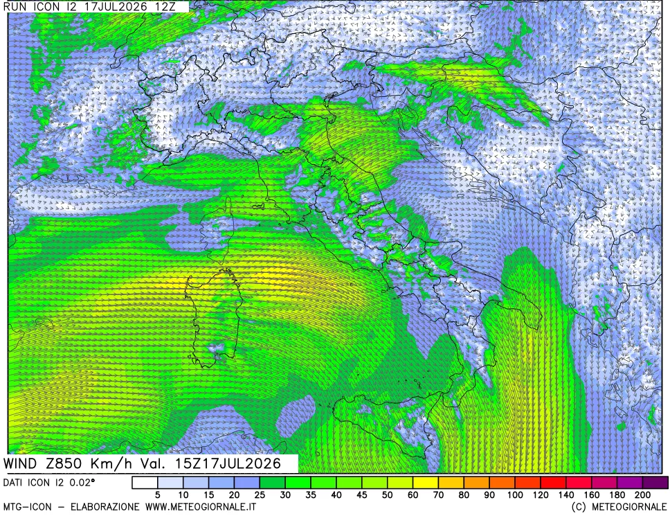 mappa 850 hPa Vento forza e direzione