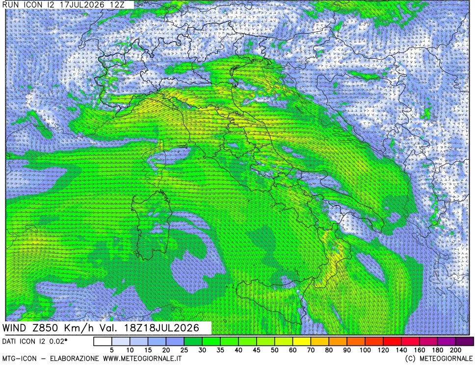 mappa 850 hPa Vento forza e direzione