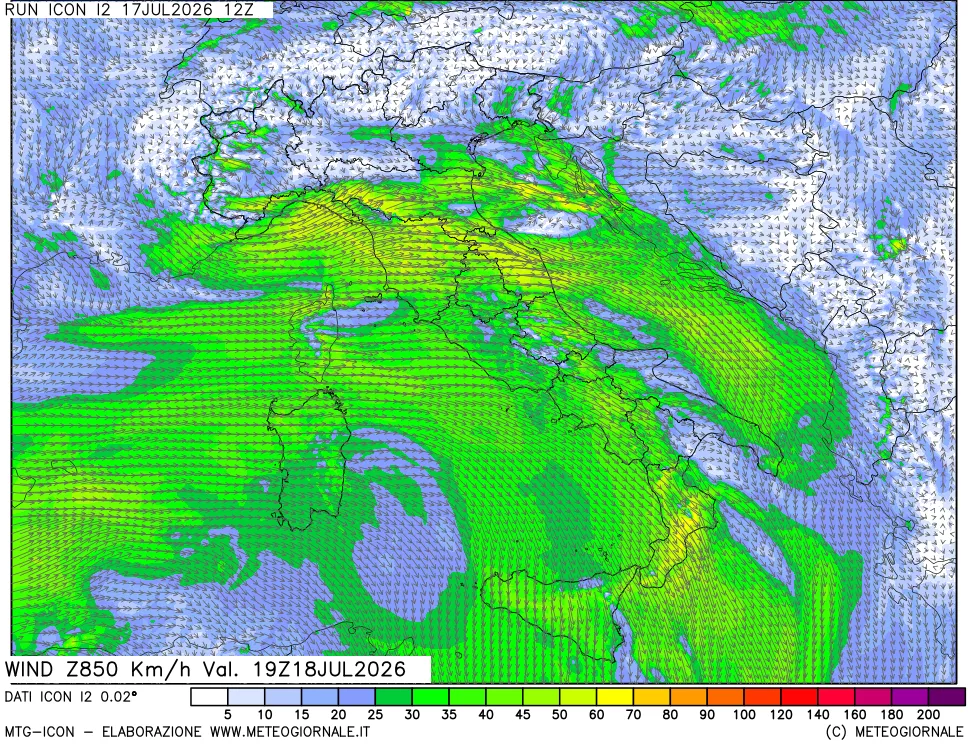 mappa 850 hPa Vento forza e direzione