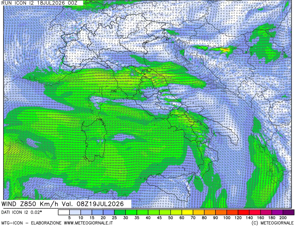 mappa 850 hPa Vento forza e direzione