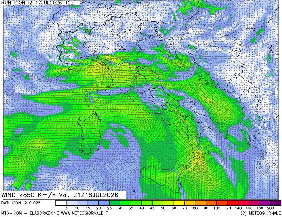 mappa 850 hPa Vento forza e direzione