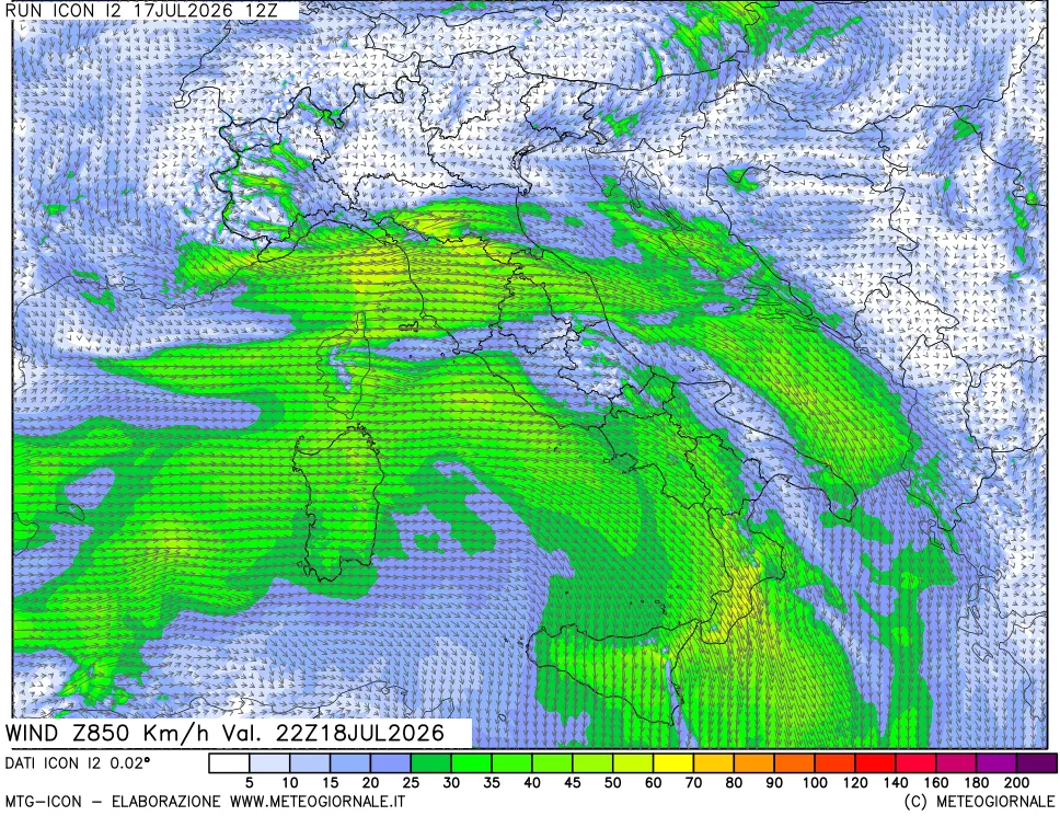 mappa 850 hPa Vento forza e direzione