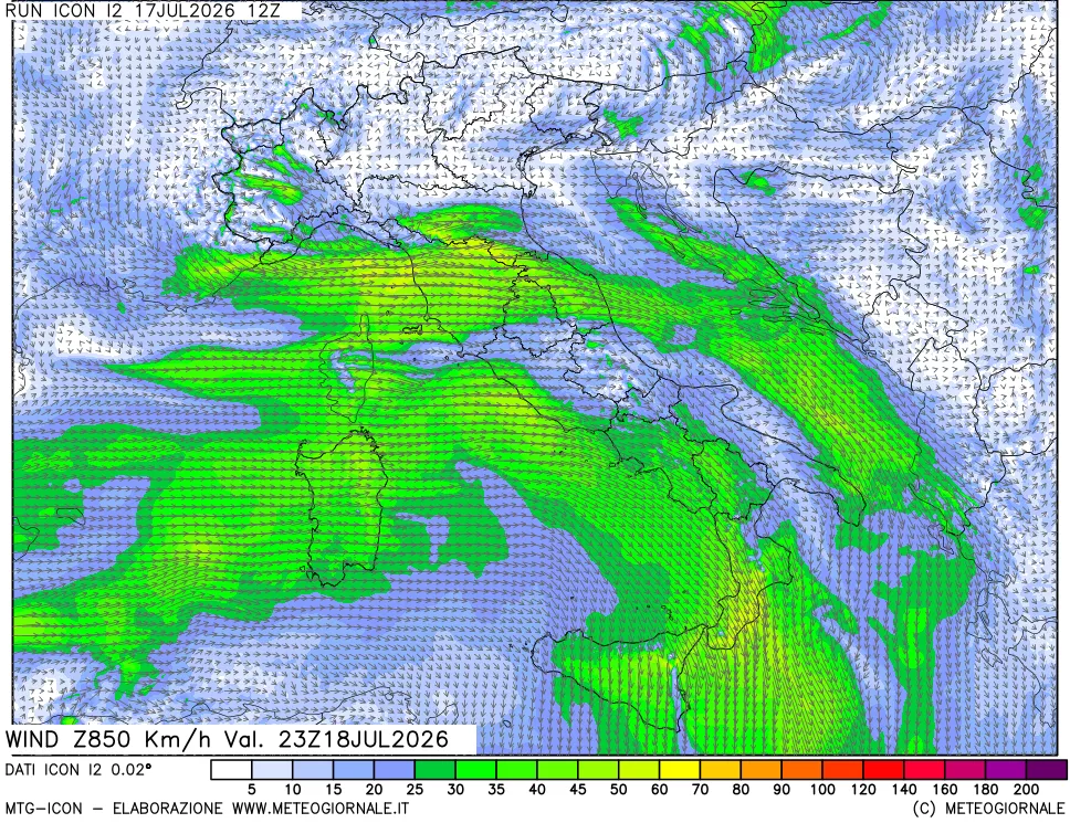 mappa 850 hPa Vento forza e direzione