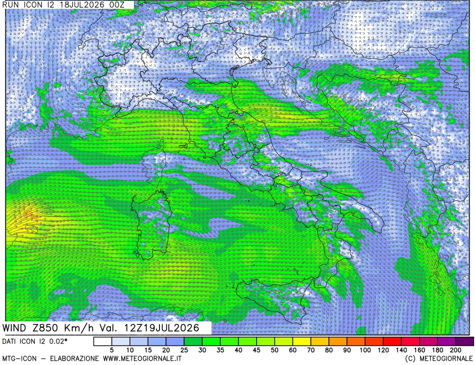 mappa 850 hPa Vento forza e direzione