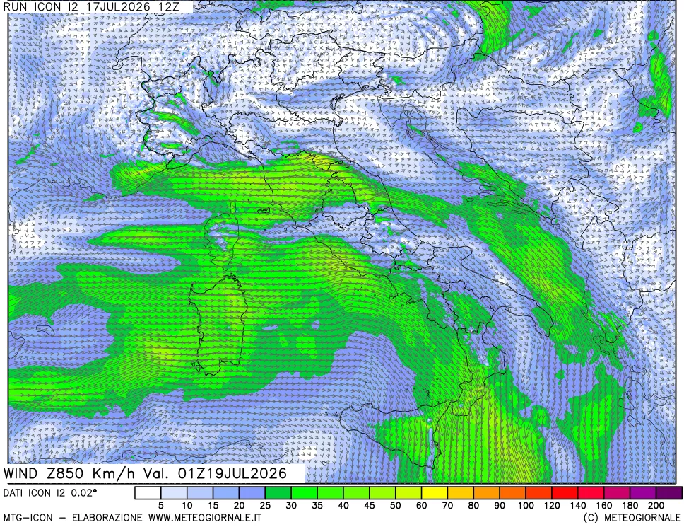 mappa 850 hPa Vento forza e direzione