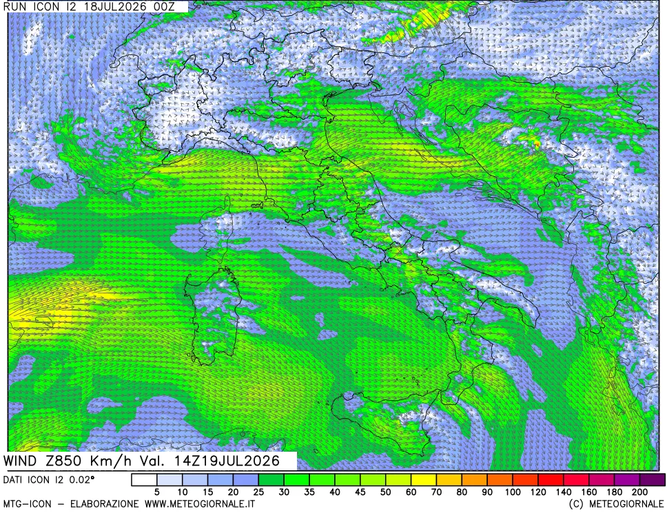 mappa 850 hPa Vento forza e direzione