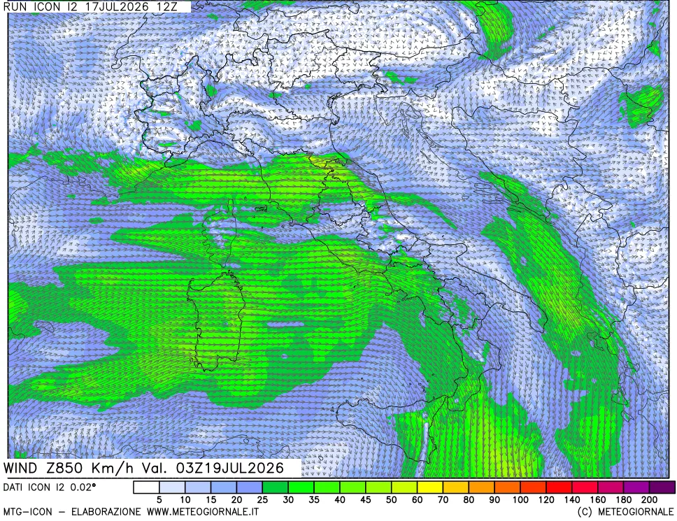 mappa 850 hPa Vento forza e direzione
