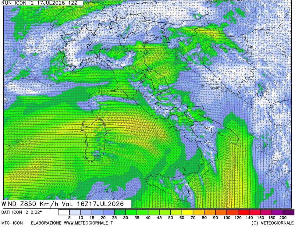 mappa 850 hPa Vento forza e direzione