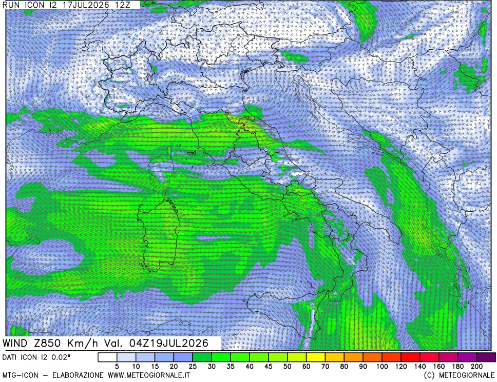 mappa 850 hPa Vento forza e direzione