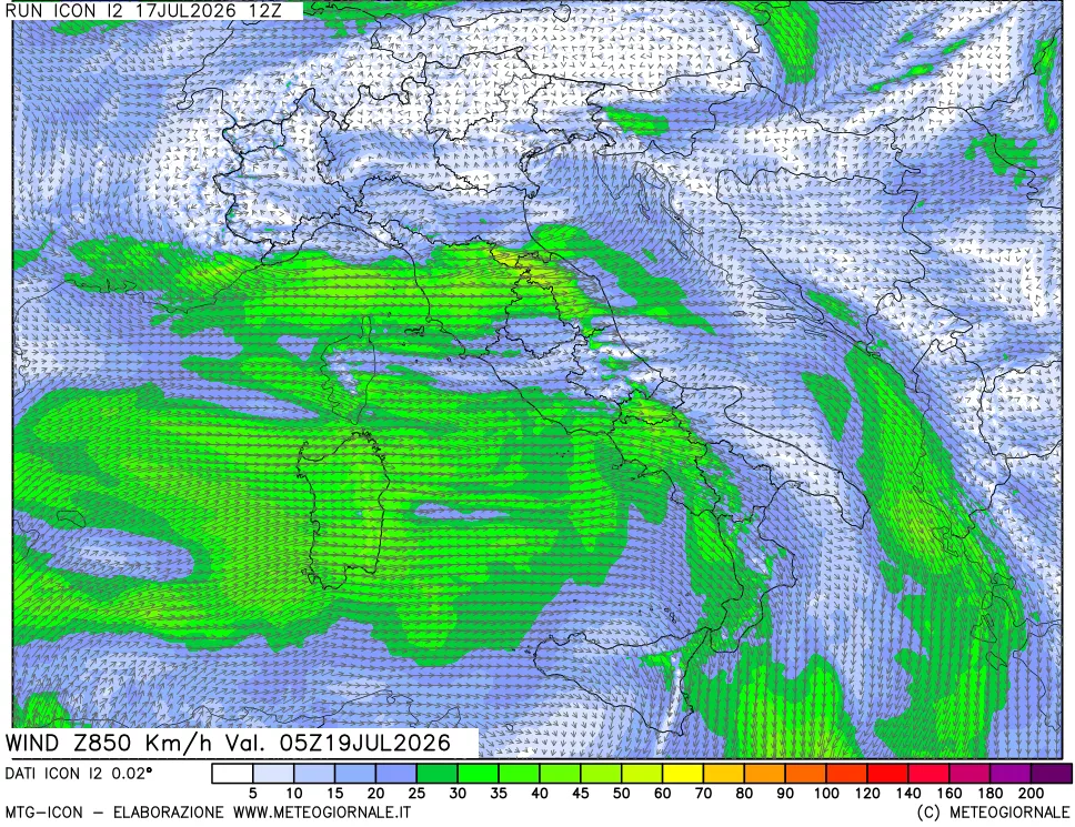 mappa 850 hPa Vento forza e direzione