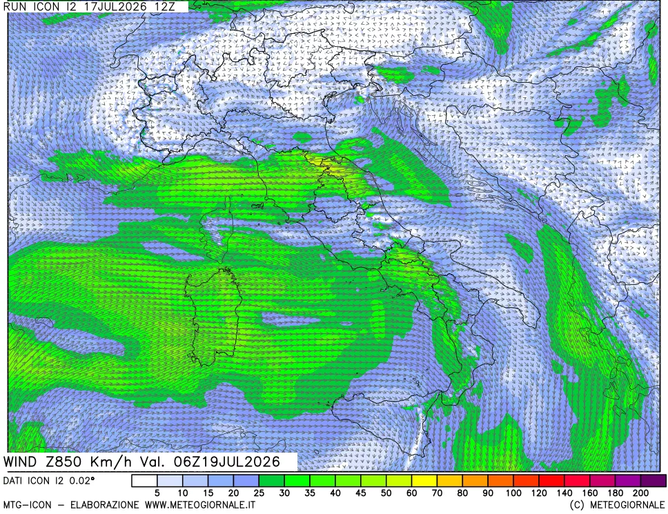 mappa 850 hPa Vento forza e direzione