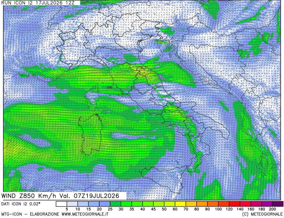 mappa 850 hPa Vento forza e direzione
