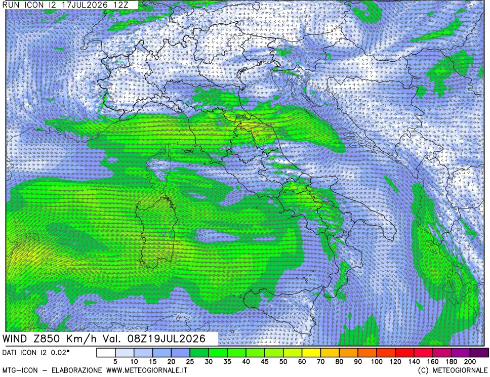 mappa 850 hPa Vento forza e direzione