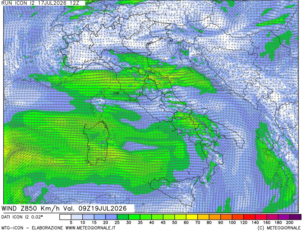 mappa 850 hPa Vento forza e direzione