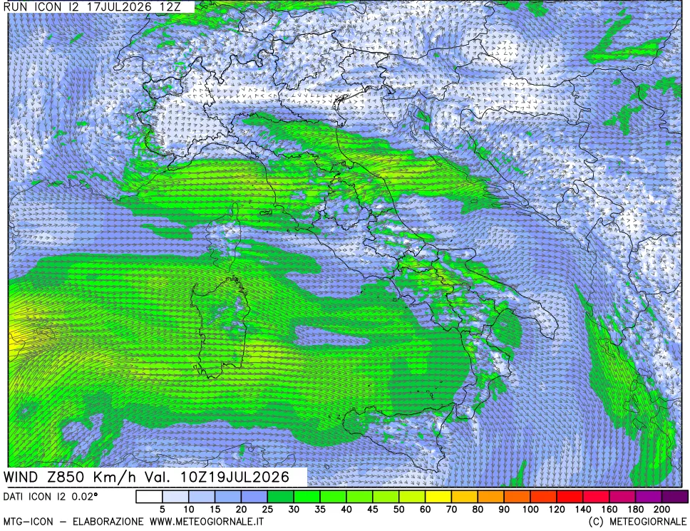 mappa 850 hPa Vento forza e direzione