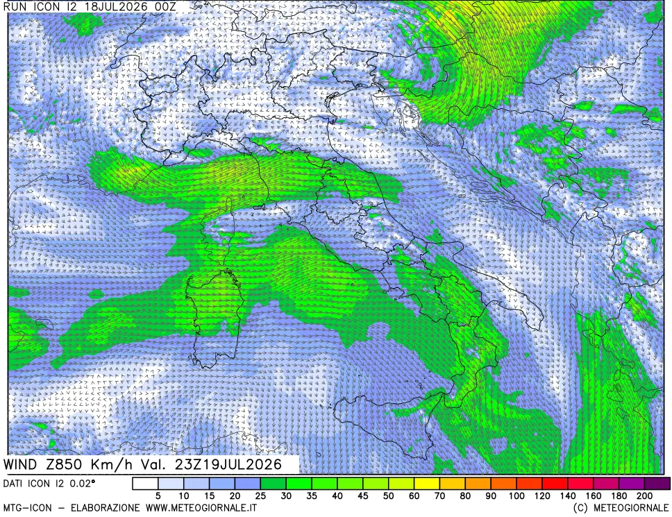 mappa 850 hPa Vento forza e direzione