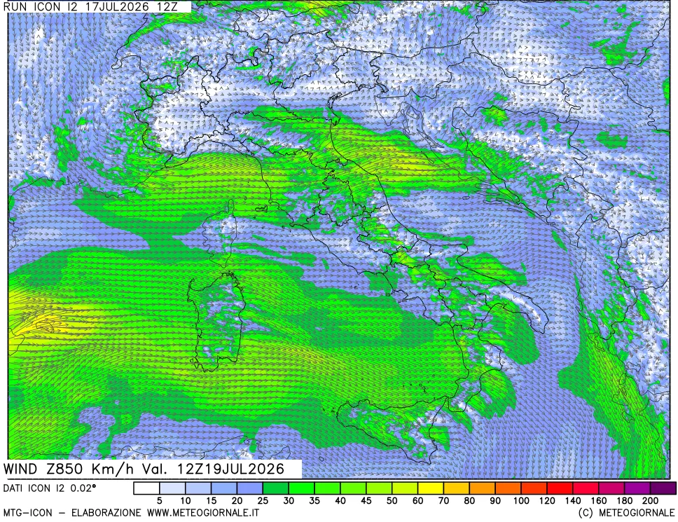 mappa 850 hPa Vento forza e direzione