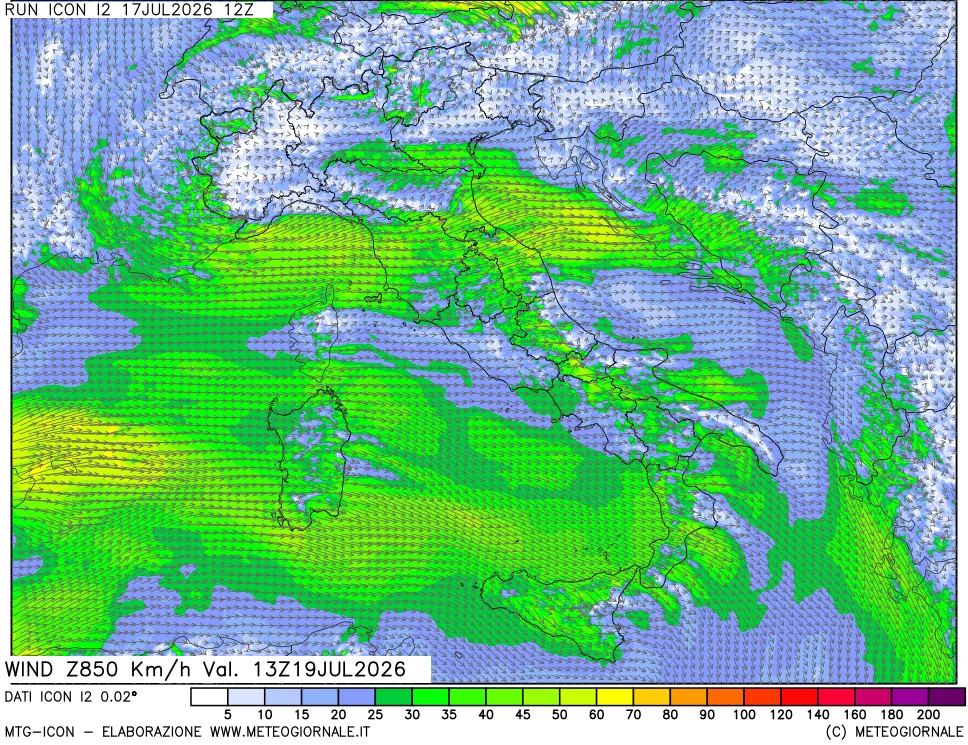mappa 850 hPa Vento forza e direzione