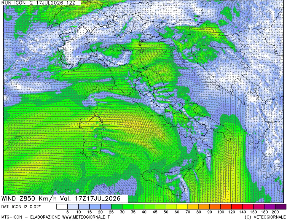 mappa 850 hPa Vento forza e direzione