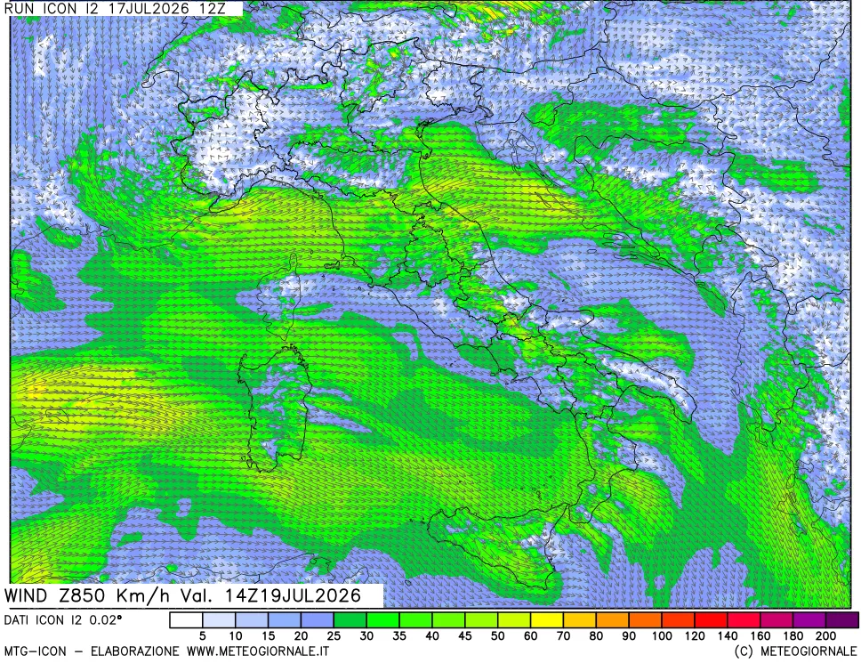 mappa 850 hPa Vento forza e direzione