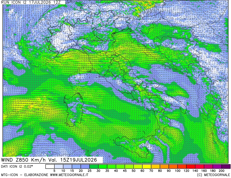 mappa 850 hPa Vento forza e direzione