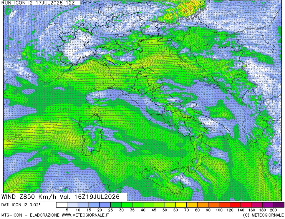 mappa 850 hPa Vento forza e direzione