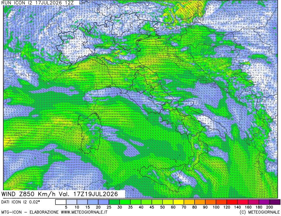 mappa 850 hPa Vento forza e direzione