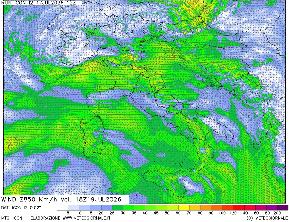 mappa 850 hPa Vento forza e direzione