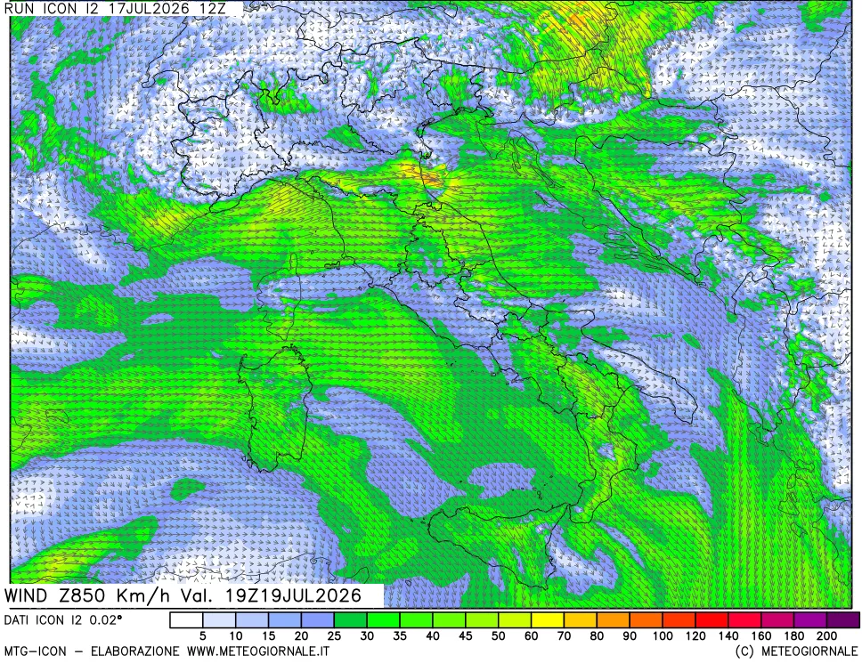 mappa 850 hPa Vento forza e direzione