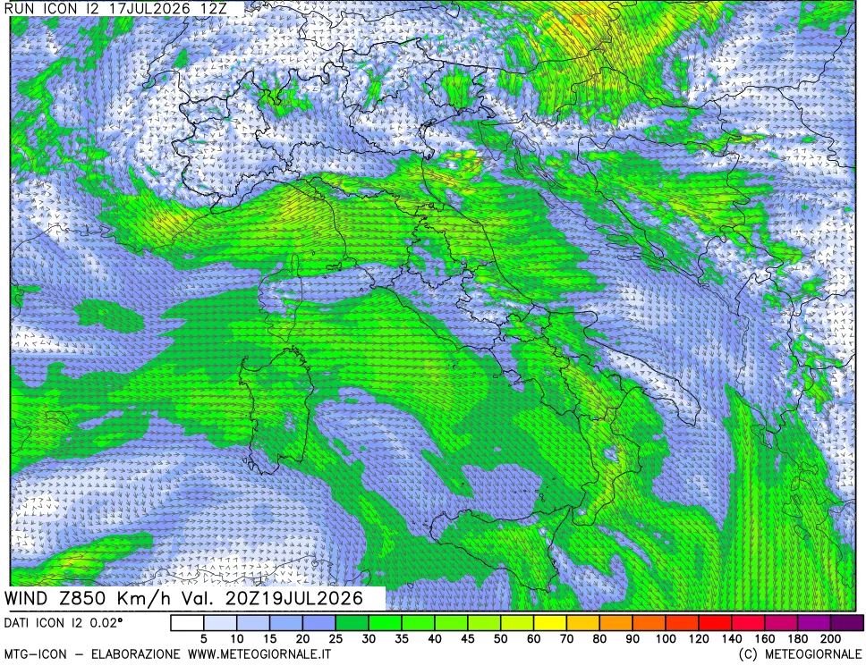 mappa 850 hPa Vento forza e direzione