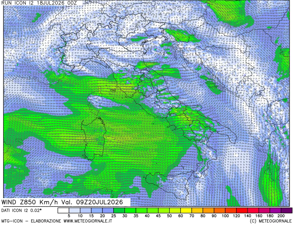 mappa 850 hPa Vento forza e direzione